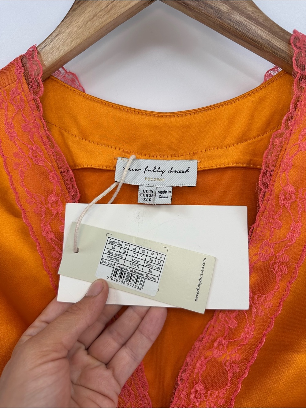 Never Fully Dressed Pink and Orange Satin Lace Slip Dress Size 6 - Picture 3 of 14
